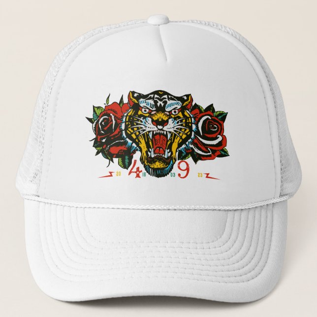 Tigre tattoo fleur rose old school trucker hat (Front)