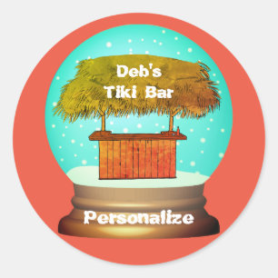 Tiki bar snow globe summer beach orange turquoise classic round sticker