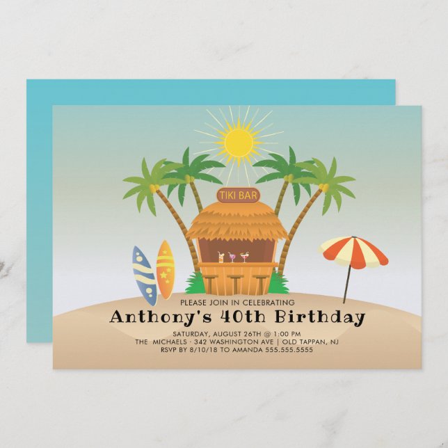 Tiki Bar Summer Birthday Party Invitation (Front/Back)