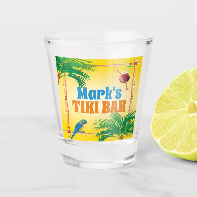 Tiki Bar with Parrots and Drinks and Custom Name Shot Glass (Front)