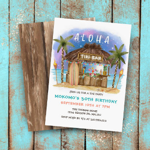 Tiki Beach Bar Moon Stars Tropical Birthday Invitation