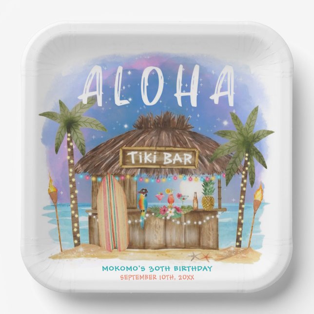 Tiki Beach Bar Moon Stars Tropical Birthday Paper Plate (Front)