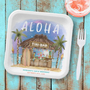 Tiki Beach Bar Moon Stars Tropical Birthday Paper Plate