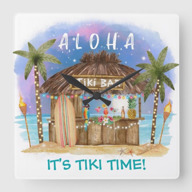 Tiki Beach Bar Tropical Decor Square Wall Clock (Front)