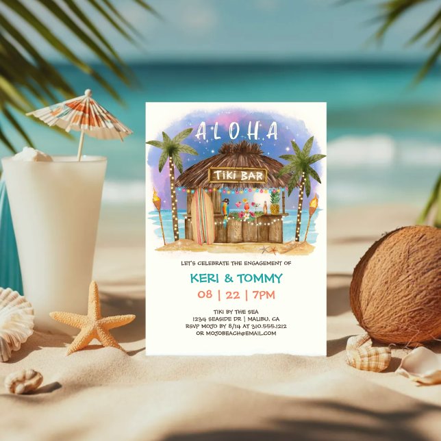 Tiki Beach Bar Tropical Moon Sea Engagement Party Invitation (Creator Uploaded)