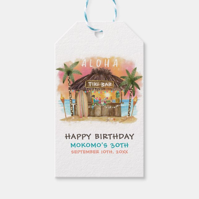 Tiki Beach Bar Tropical Sea Birthday Gift Tags (Front)