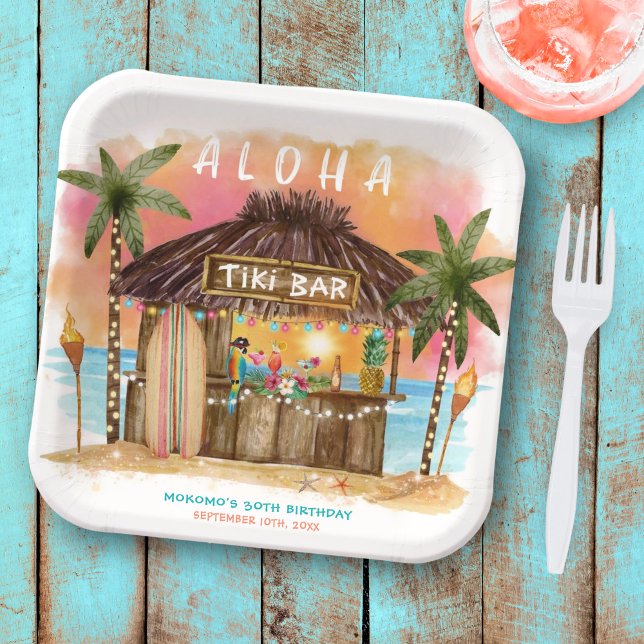 Tiki Beach Bar Tropical Sea Birthday Paper Plate (Creator Uploaded)