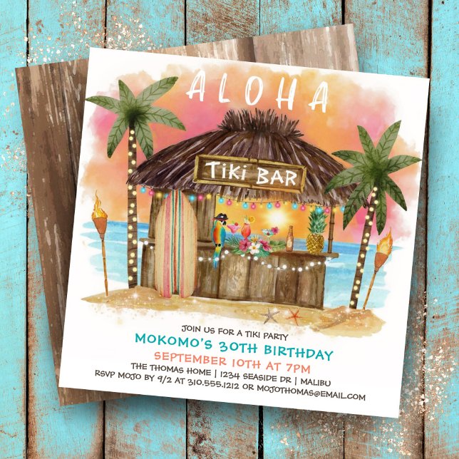 Tiki Beach Bar | Tropical Sea Sunset Birthday  Invitation (Creator Uploaded)