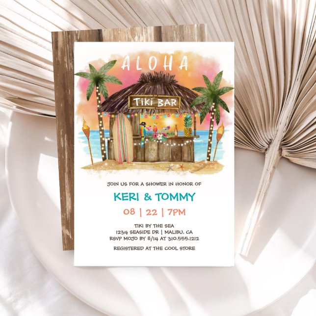 Tiki Beach Bar Tropical Sunset Sea Couples Shower Invitation (Creator Uploaded)