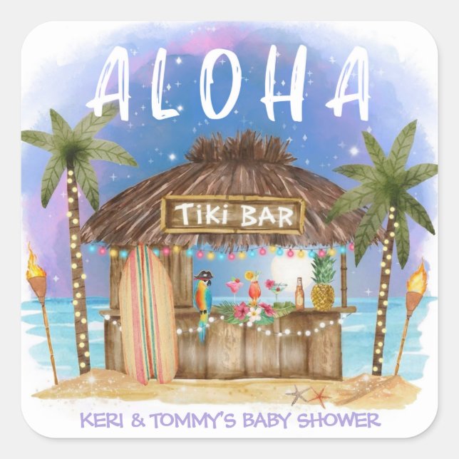 Tiki Beach Bar Tropical Surf & Sea Baby Shower Square Sticker (Front)