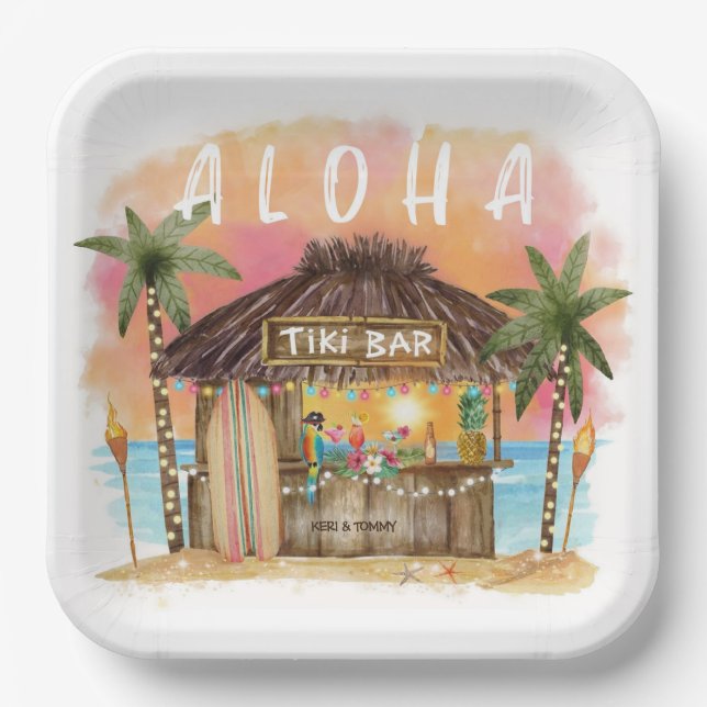 Tiki Beach Bar Tropical Surf & Sea   Paper Plate (Front)