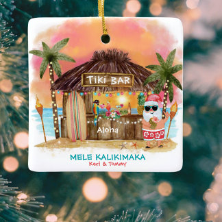 Tiki Beach Tropical Sunset Mele Kalikimaka Santa Ceramic Ornament