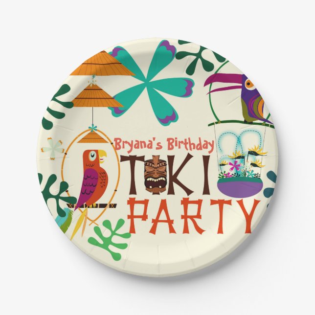 Tiki Birds Birthday Party Vintage Luau Plates (Front)