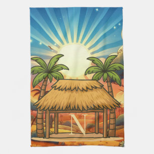 Tiki Hut Sunrise Monogram Personalised  Tea Towel