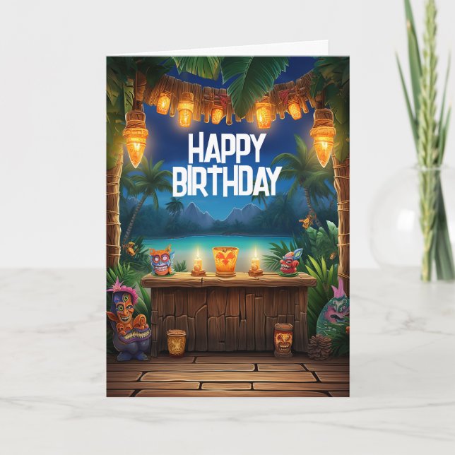 Tiki Luau Hawaiian Tropical Island Beach Birthday Card (Front)