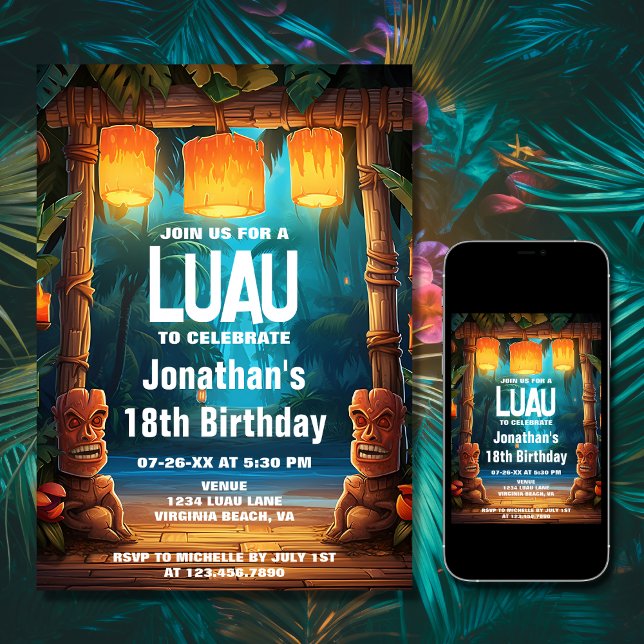 Tiki Luau Hawaiian Tropical Island Beach Birthday Invitation (Printed and Digital - Tiki Luau Hawaiian Tropical Island Beach Birthday Invitation)