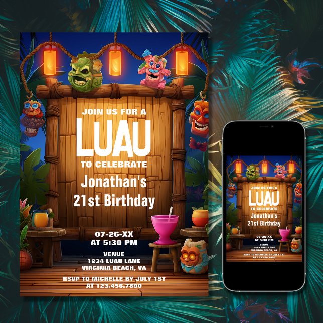 Tiki Luau Hawaiian Tropical Island Beach Birthday Invitation (Printed and Digital - Tiki Luau Hawaiian Tropical Island Beach Birthday Invitation)
