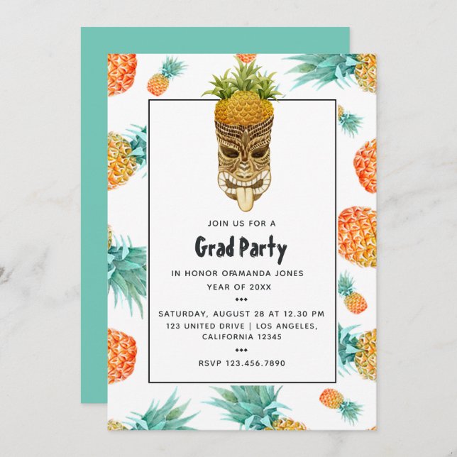 Tiki Luau Summer Pineapple Beach Graduation Party Invitation (Front/Back)