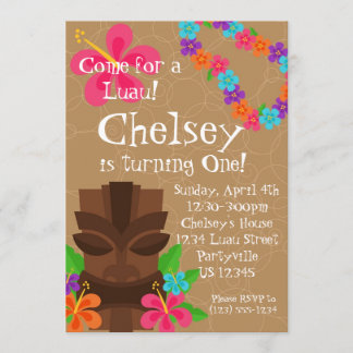 Tiki Man and Flower Lei Luau Birthday Party Invitation