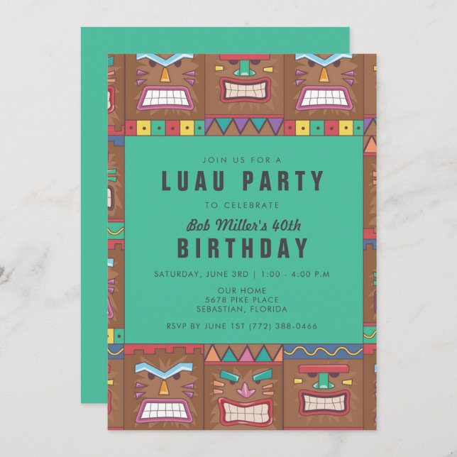 Tiki Mask Luau 40th Birthday Party Invitation (Front/Back)