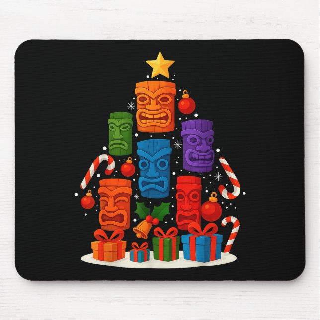 Tiki Mask Luau Christmas Tree Hawaiian Xmas Hat Ha Mouse Pad (Front)