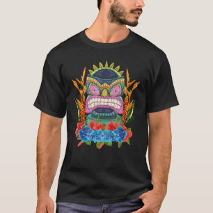 Tiki Mask Polynesian Flowers Hawaiian Totem Floral T-Shirt