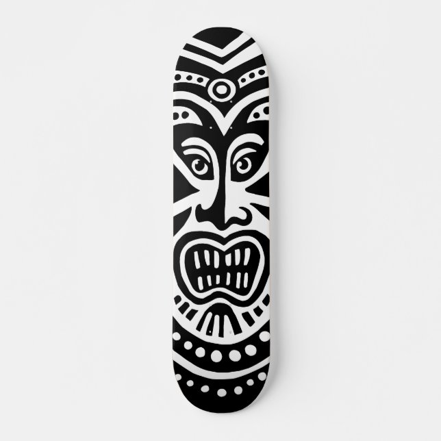 Tiki Mask Style - Black on White Skateboard (Front)