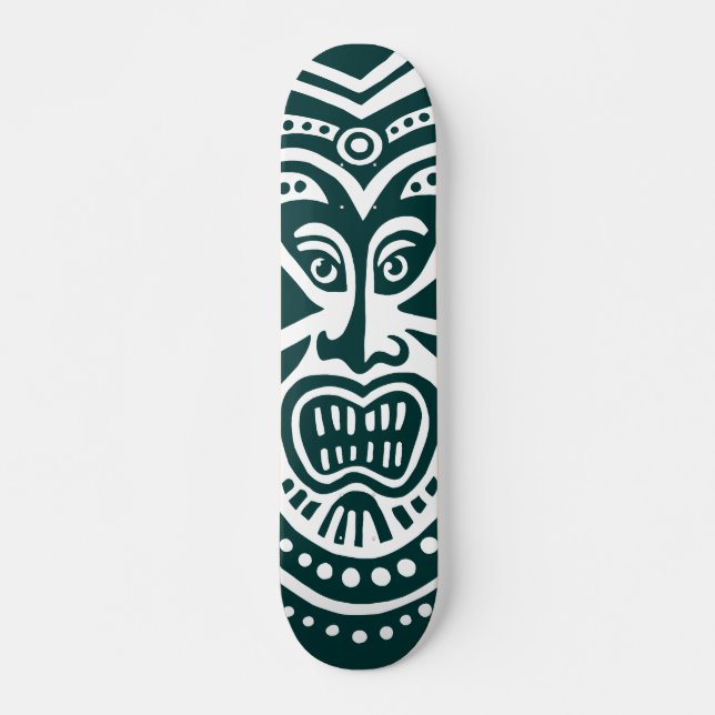 Tiki Mask Style - Dark Green on White Skateboard (Front)
