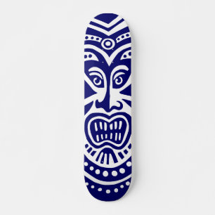 Tiki Mask Style - Navy on Wood Skateboard