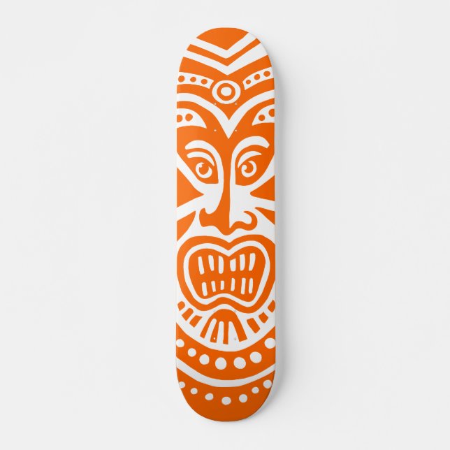 Tiki Mask Style - Orange on White Skateboard (Front)