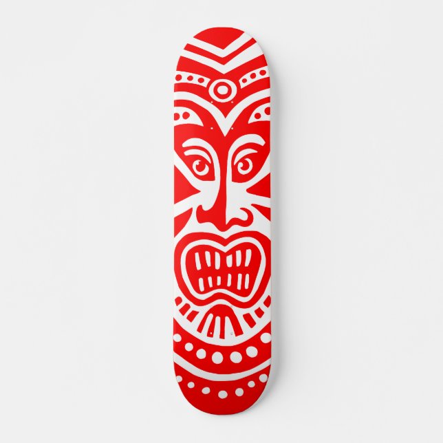 Tiki Mask Style - Red on Wood (Retro) Skateboard (Front)