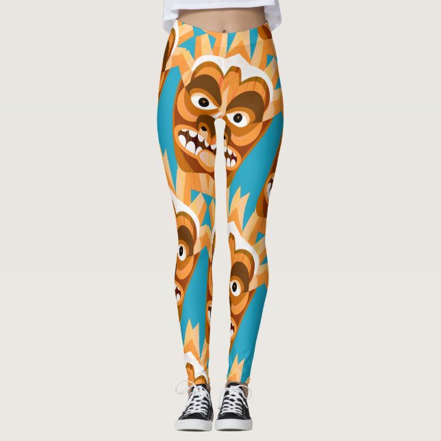 Tiki Monster Funny Gold and Teal Leggings (Front)
