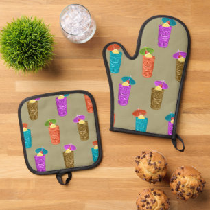 Tiki Mugs Retro Hawaiian Tropical Drinks Khaki Oven Mitt & Pot Holder Set