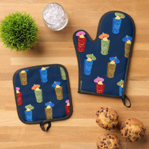 Tiki Mugs Retro Hawaiian Tropical Drinks Navy Oven Mitt & Pot Holder Set