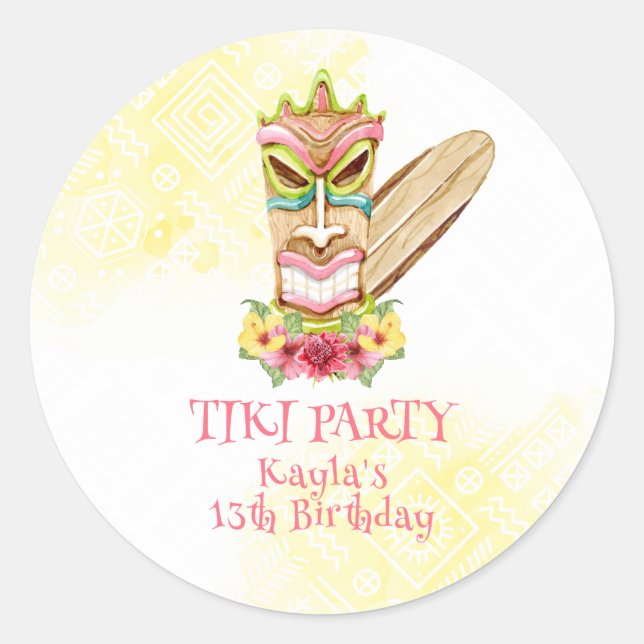 Tiki Party, Luau Birthday Classic Round Sticker (Front)