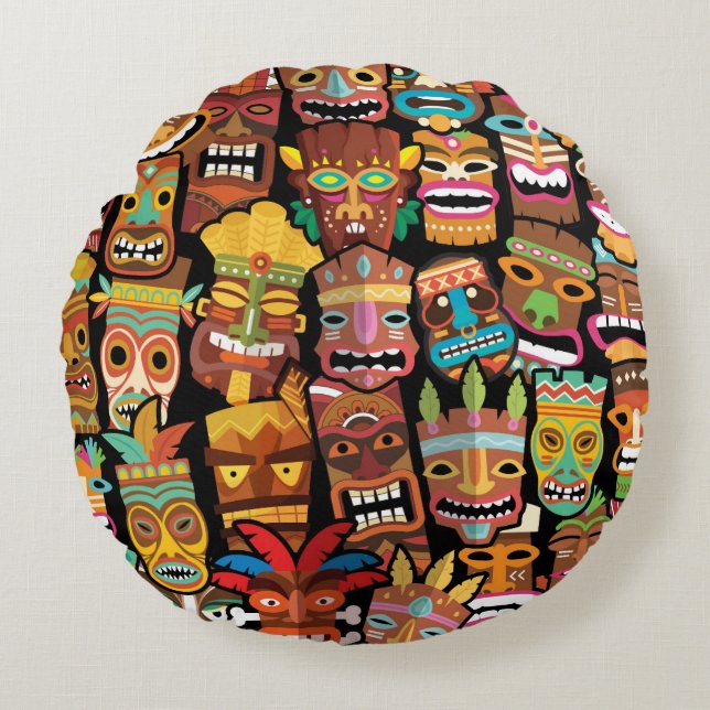 Tiki Pattern Round Cushion (Front)
