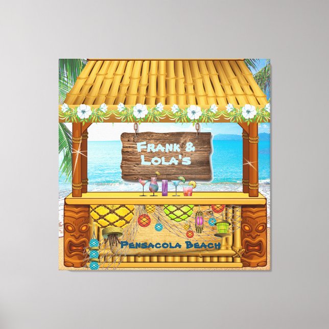 Tiki Shack Blue Beachy Floral Photo Drawing Canvas Print (Front)