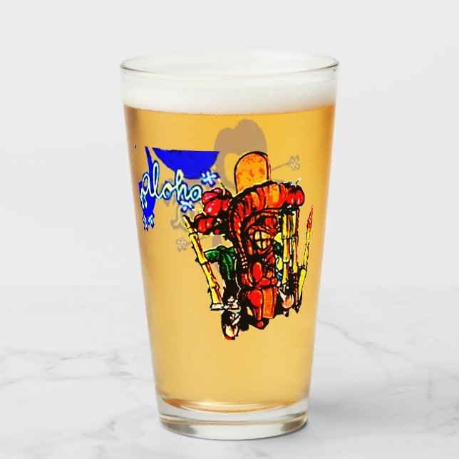 Tiki Statue with Menehune and Hibiscus Glass (Front Filled)