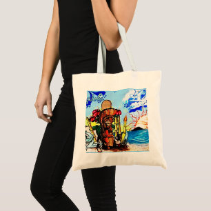 Tiki Statue with Menehune and Hibiscus Tote Bag
