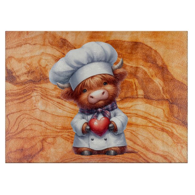 Tiki Textured Glass With Highland Cow Chef Cutting Board (Front)