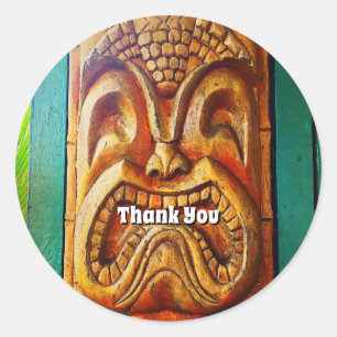 Tiki Thank You Fun Cool Hawaii Tropical Wood Face Classic Round Sticker