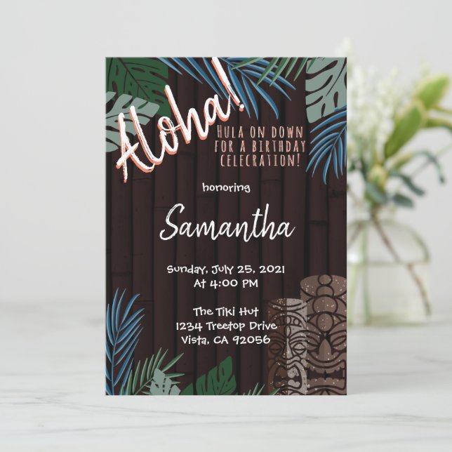 Tiki Theme Brown Hawaiian Bamboo Green and Blue  Invitation (Standing Front)