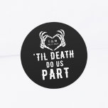 Til Death Black Skeleton Wedding Classic Round Sticker<br><div class="desc">Wedding stickers with a "'Til death do us part" theme and a skeleton heart. Black labels with an editable date and the Mr. & Mrs. initials. Find more coordinating items that match this design in the collection below. Great to add to your envelope,  favours,  or stationery.</div>