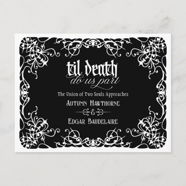Til Death Black White Gothic Wedding Save the Date Postcard (Front)