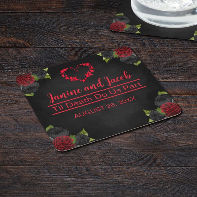 Til Death Do Us Part Gothic Red Rose Wedding  Square Paper Coaster (Creator Uploaded)