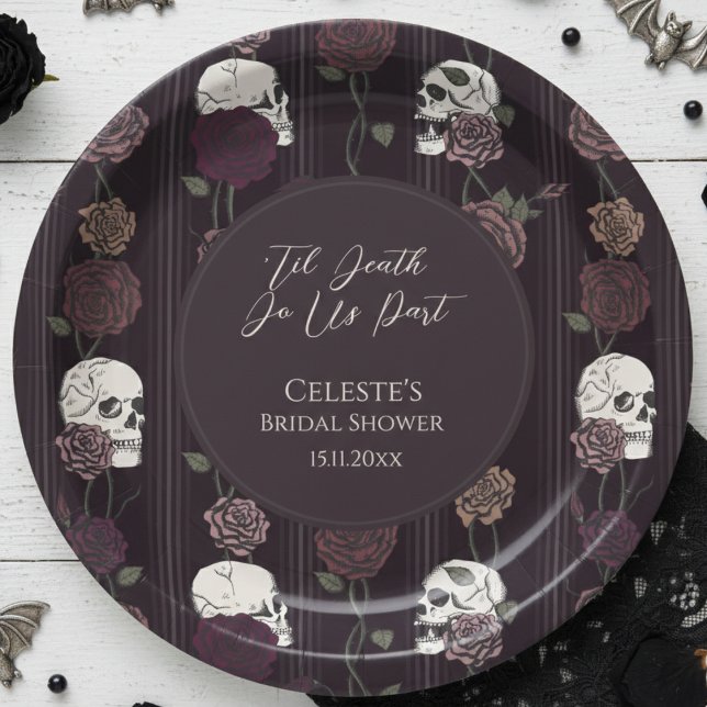 ’Til Death Do Us Part Gothic Skull & Rose Wedding Paper Plate (Dark Burgundy Floral Skull 'Til Death Do Us Part Gothic Bridal Shower Paper Plates for Hallowedding)