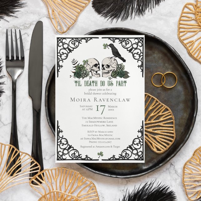 Til Death Do Us Part Mr and Mrs Skulls Green Roses Invitation (Irish Til Death Do Us Part Gothic Goth Bridal Shower Invitation. Hand Drawn Skull, Crow, Green Roses)