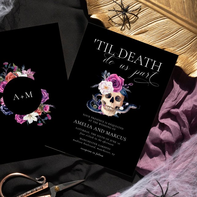 'Til Death Do Us Part Purple & Black Wedding Invit Invitation (Creator Uploaded)