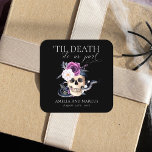 'Til Death Do Us Part Purple & Black Wedding Invit Square Sticker<br><div class="desc">This gorgeous collection features a skull and snake with purple floral elements.</div>