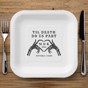 Til Death Do Us Part Skeleton Heart Hand Wedding Paper Plate